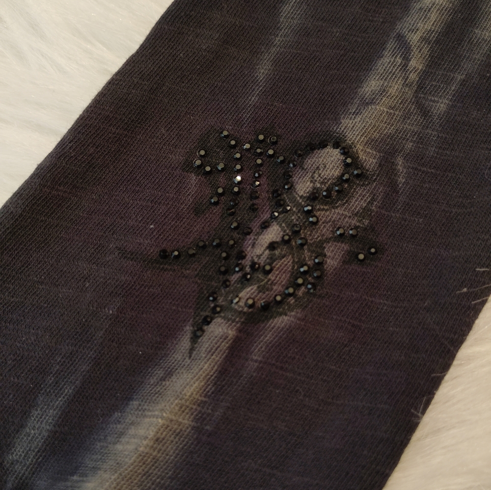 Y2K VELVET STONE ACID WASH TOP LONG SLEEVE EMBELLISHED FLEUR DE LIS BLING SMALL - Picture 10 of 10